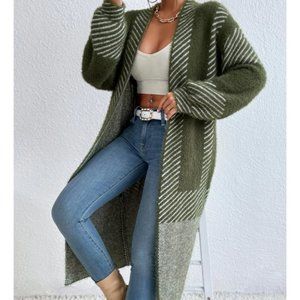 open front striped print fuzzy sweater knit duster cardigan green